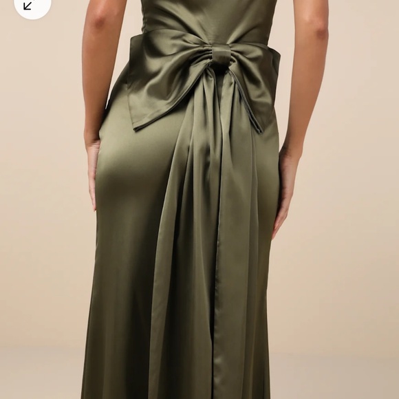 Lulus Absolutely Poised Olive Green Satin Strapless Bow Maxi Dress - Size L - Picture 4 of 5